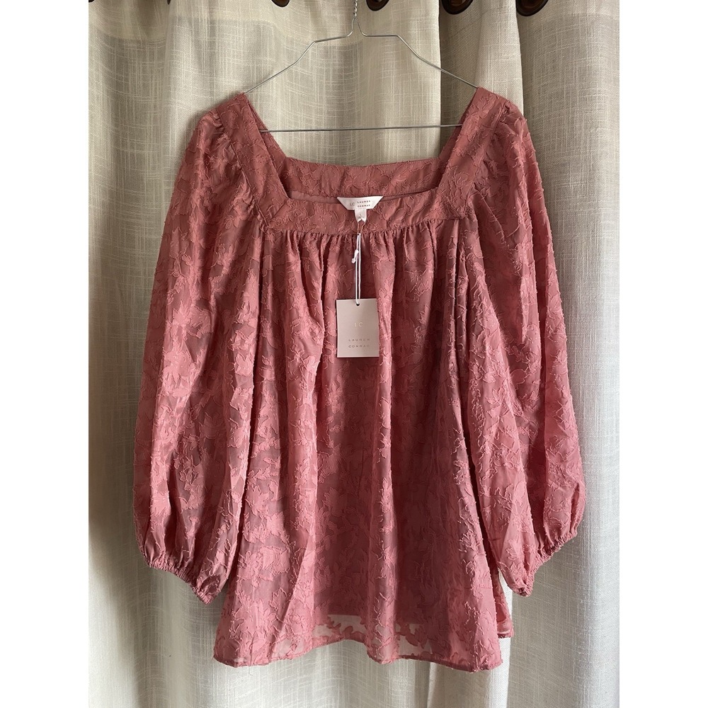 Lauren Conrad Women's Pink/Peach Floral Overlay NWT Large Long Sleeve Blouse